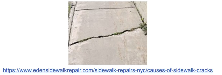 Image showing 2 cracks in a sidewalk. One for normal expansion and contraction, one that would affect a person in a wheelchair