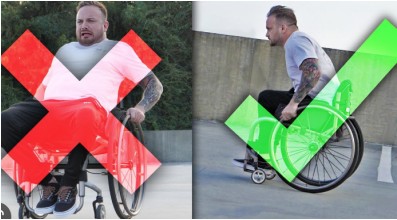 Image showing weight shift with a gentleman in a wheelchair. On left is overbalanced, on right is upright with good placement