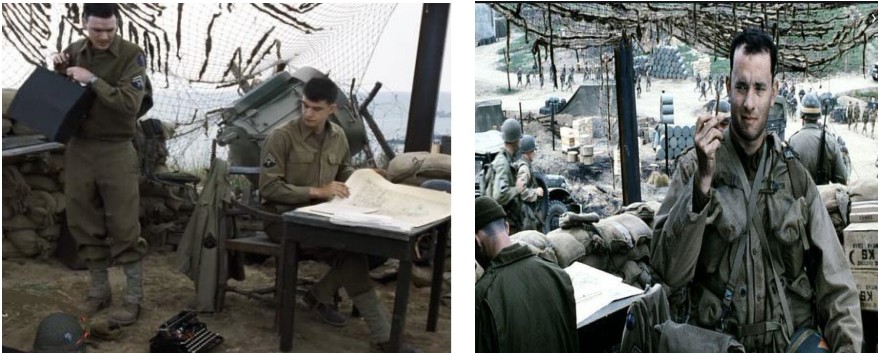 Two images from the movie. A soldier asking if he can carry his typewriter with him and the captain holding up a pencil. No typewriter, too big. Use pencil.